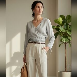 100% Silk Long Sleeve‎ Blouse With Embrodery And Ties On Sleeves Extra Large